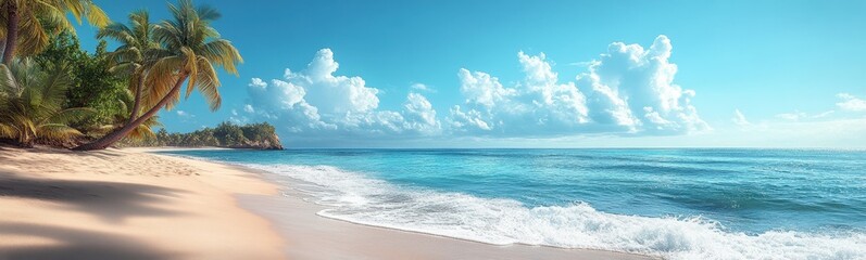 Fototapeta premium Beach with a few palm trees on it travel concept banner copy space