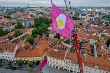 Aerial summer beautiful morning view in Vilnius old town, Vilnius Pink Soup Fest, Lithuania