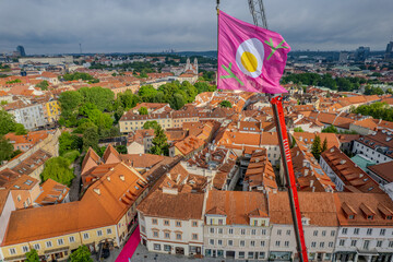 Aerial summer beautiful morning view in Vilnius old town, Vilnius Pink Soup Fest, Lithuania