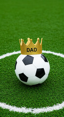 Soccer ball with golden crown on grass field – Sports Father’s Day gift symbolism