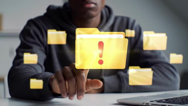 Man interacts with glowing folder icons representing digital organization and data access