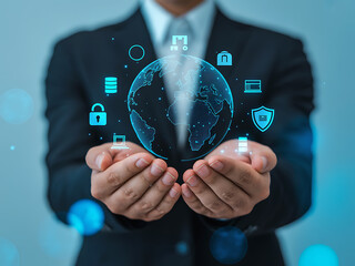 Hand holding glowing Earth with locks and AI trust badges visualizing advanced digital cer
