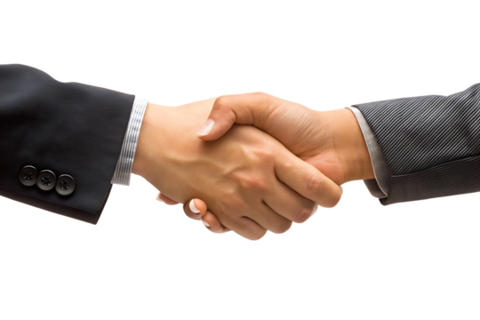 a formal business handshake between two professionals in black and gray suits isolated on white background PNG