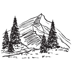 A mountain landscape with a prominent peak, evergreen trees in black brush stroke texture isolated on white. Hand drawn vector sketch illustration in vintage charcoal ink. Recreation, travel, everest