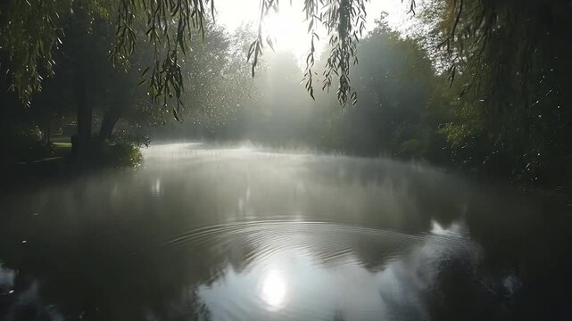 Misty morning pond scene
