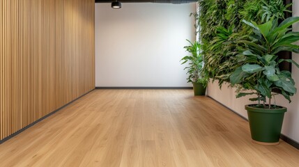 Coworking spaces, shared office and productivity, Modern hallway with wooden flooring, vertical wall slats, and lush indoor plants creating a natural, calming atmosphere.