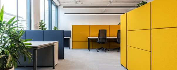 Coworking spaces, shared office and productivity, Modern open-plan office with yellow partitions, ergonomic chairs, large windows, and indoor plants for a bright, welcoming workspace.