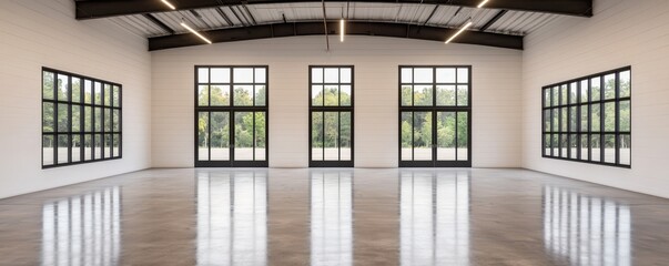 Coworking spaces, shared office and productivity, A spacious, modern, empty room with large industrial windows, polished concrete floors, and abundant natural light.