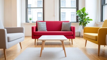 Fototapeta premium Coworking spaces, shared office and productivity, Modern living room with colorful furniture, large windows, a houseplant, and natural light creating a cozy, inviting atmosphere.