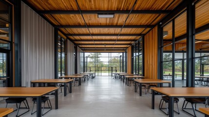 Coworking spaces, shared office and productivity, Modern, open dining hall with wooden ceiling, large windows, and rows of tables and chairs, offering a bright and spacious atmosphere.