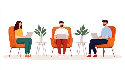 Coworking spaces, shared office and productivity, Three people sitting in chairs, working on laptops, surrounded by potted plants in a modern, relaxed setting.