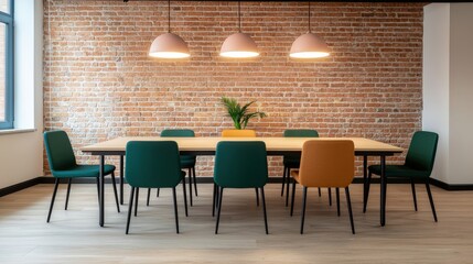 Coworking spaces, shared office and productivity, Modern meeting room with a wooden table, colorful chairs, brick wall, pendant lights, and a plant centerpiece.