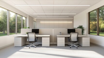 Coworking spaces, shared office and productivity, Modern office with natural light, minimalist desks, ergonomic chairs, and computers, surrounded by large windows and greenery outside.