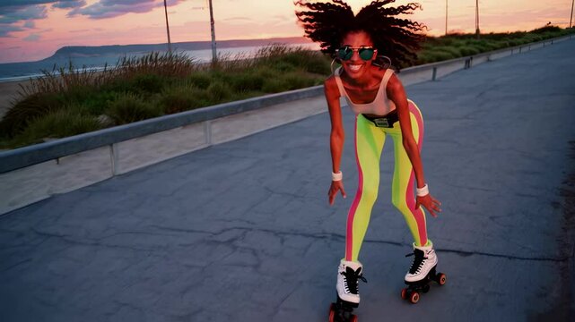 Girl in bright clothes rollerblades on sunset road conveying independence youth freedom dreams energy self-expression movement