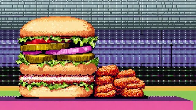 Pixelated burger and fries