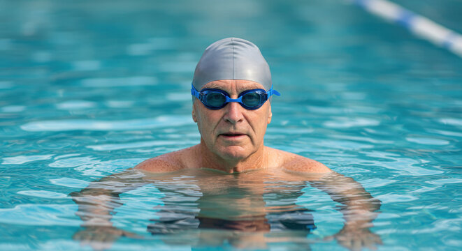 Senior Male Swimmer in Pool with Goggles and Cap, Aquatic Health and Fitness