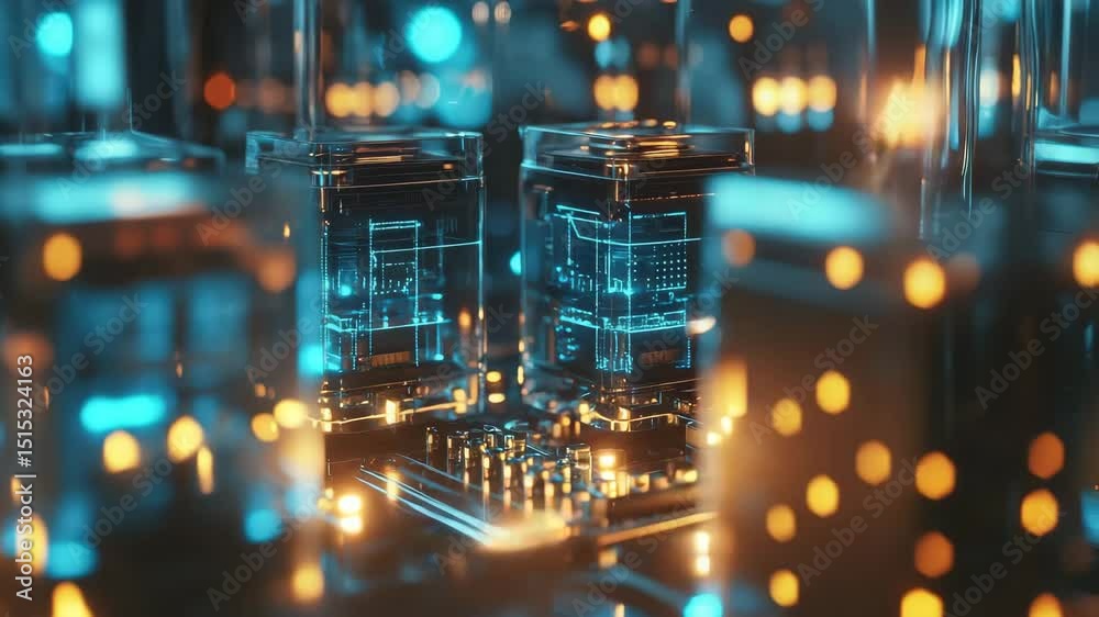 Poster glass-like blocks with glowing circuitry are showcased in a futuristic, high-tech environment with b
