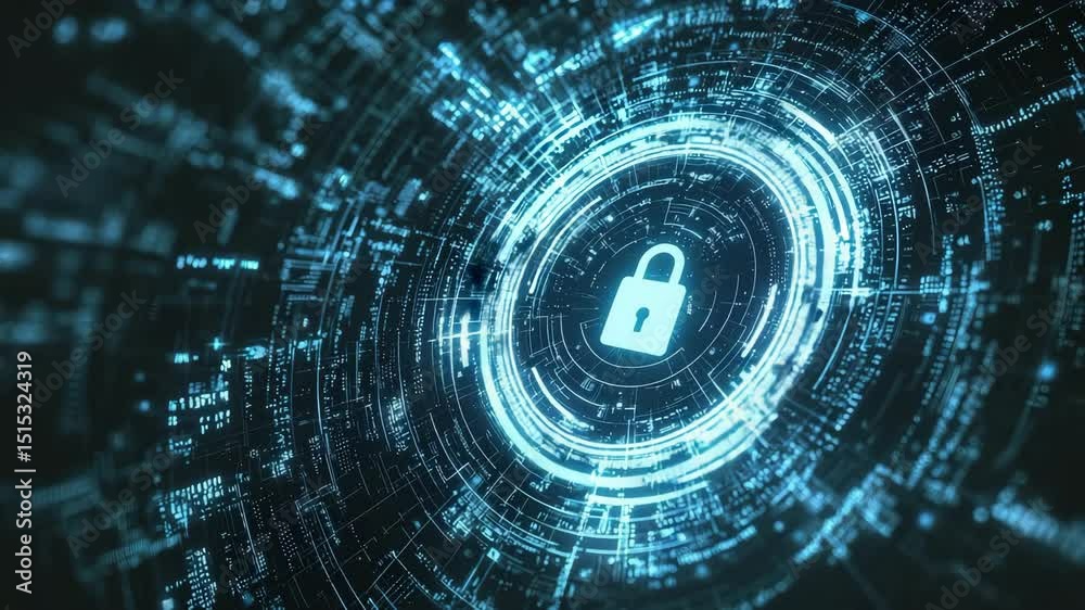 Poster a digital padlock symbol is surrounded by glowing, circular, futuristic circuitry, representing cybe