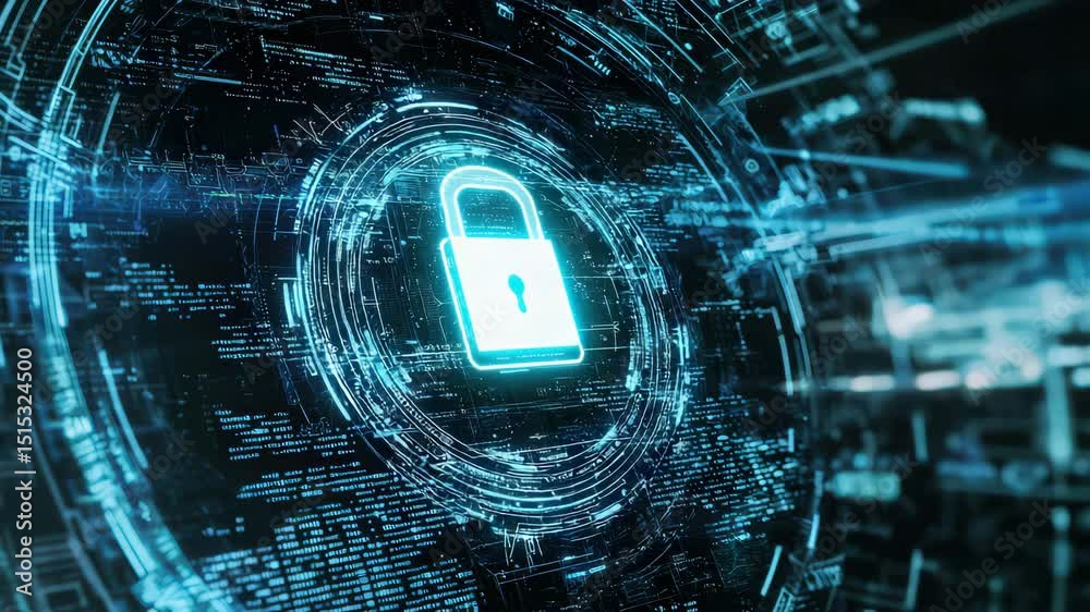 Poster A digital padlock surrounded by glowing circuit lines symbolizes cybersecurity and data protection in a virtual network.