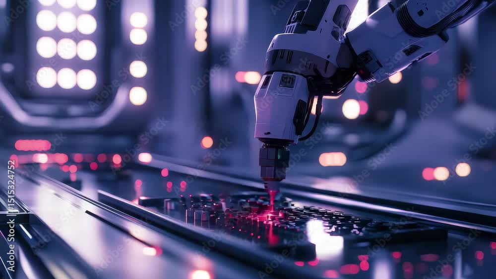 Fototapete A robotic arm assembles electronic components on a circuit board in a futuristic, illuminated factory setting.