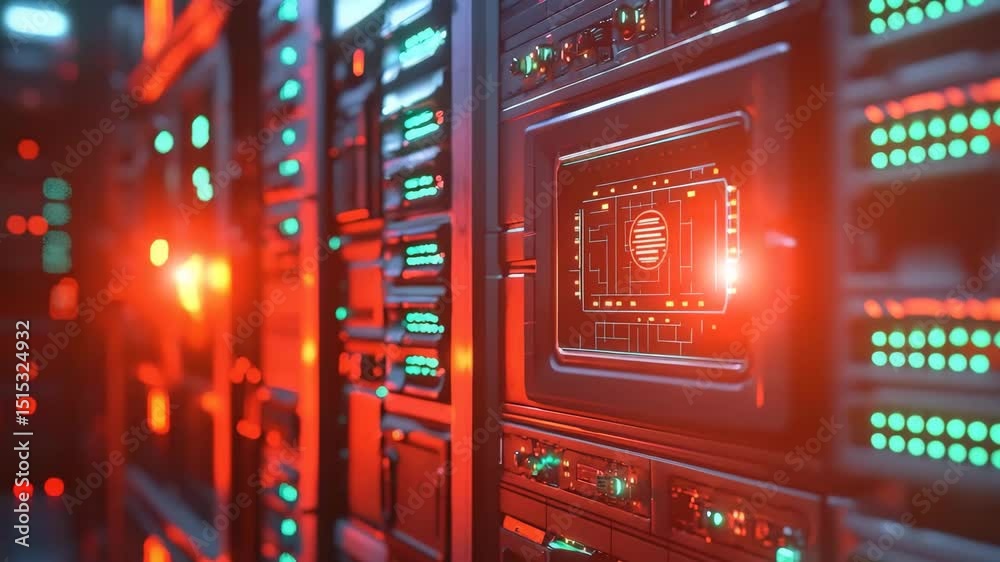 Aufkleber a glowing, futuristic data server room with illuminated control panels and advanced technology featu