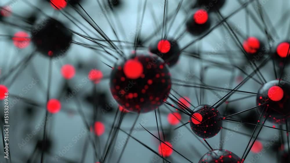 Poster futuristic network of interconnected glowing red spheres, resembling neural or data connections.