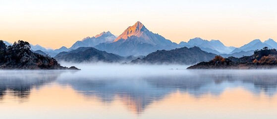 Sunrise Over Calm River With Fog Rolling Above Mountain Peaks