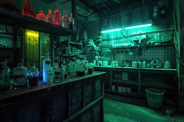 Green creepy illuminated biotechnology laboratory with jars liquids and toxic colors 2