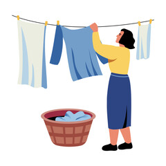 A flat style illustration showing a character hanging clothes