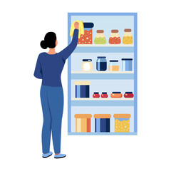 A flat style illustration showing a character organizing pantry