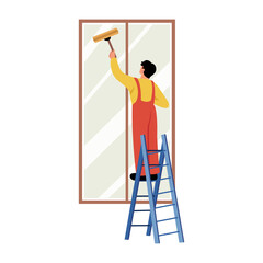 A flat style illustration showing a person cleaning glass