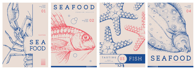 Set of modern magazine covers or posters with lobster, fish and starfish. Restaurant seafood menu design. Vector illustration