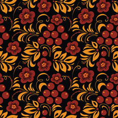 Russian old style ornament Hohloma in gold and red colors seamless pattern. Vector Floral slavic traditional decoration motive. For cards, fabric, textiles, clothing, packaging.