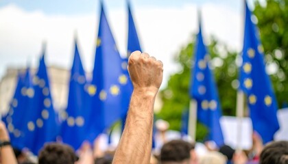 Person extended fist at a rally for european union protest with eu flag in the background, blue flags in the background of person showing democracy, unity and values of european lifestyle against 