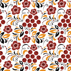 Russian old style ornament Hohloma in gold and red colors seamless pattern. Vector Floral slavic traditional decoration motive. For cards, fabric, textiles, clothing, packaging.