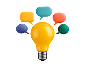 Bright yellow light bulb with colorful speech bubbles represents ideas and creativity in a modern context on transparent background, PNG