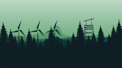 vector illustration of an abstract background with trees and windmill good for for wallpaper design, design template, background template, and tourism design template