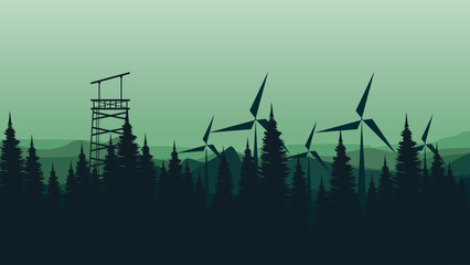 vector illustration of an abstract background with trees and windmill good for for wallpaper design, design template, background template, and tourism design template