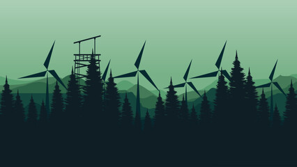 vector illustration of an abstract background with trees and windmill good for for wallpaper design, design template, background template, and tourism design template