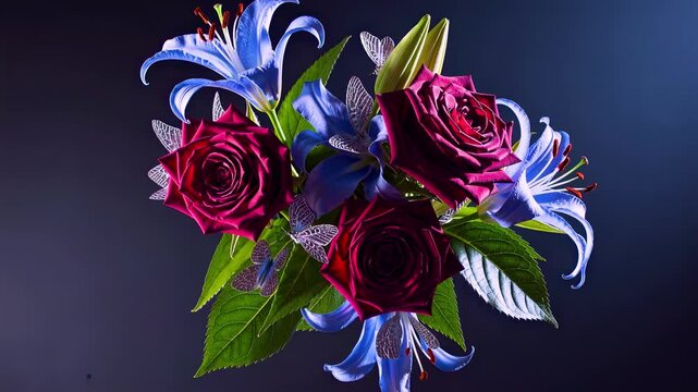 Beautiful bouquet dark red roses vibrant blue lilies green leaves against moody dark background Floral arrangement concept for romance celebration gift condolence Elegant