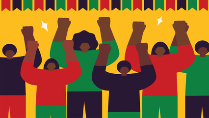 Illustration of a diverse group raising fists in solidarity and power featuring a Pan African colored banner figures in red green and black on a vibrant yellow background with sparkles
