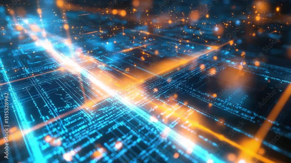 Poster A futuristic digital network with glowing blue and orange circuit-like lines and interconnected data points.