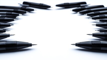Group of black pens arranged in a circular formation on white background
