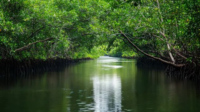 A serene waterway winds through dense, lush green mangrove trees reflecting on calm water.