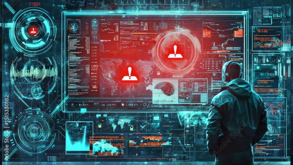 Aufkleber a person analyzes data on a large futuristic digital screen filled with graphs, maps, and high-tech 
