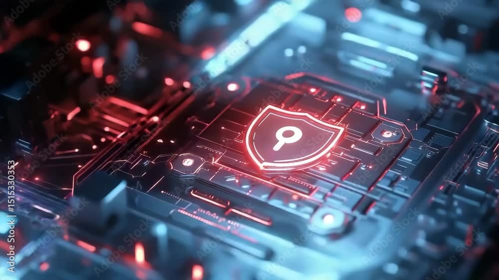 Poster A glowing shield with a keyhole icon on a futuristic computer circuit board, symbolizing cybersecurity and digital protection.