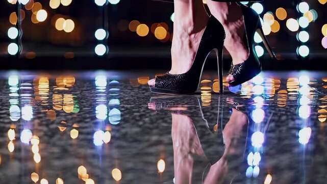 Female legs in black heels walk over shiny city reflections chic urban night vibes with bokeh for elegance fashion nightlife modern femininity or business storytelling