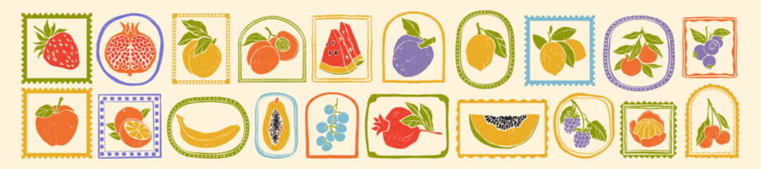 Summer fruit berry print, vintage hand drawn cartoon citrus illustration doodle charcoal texture set. Colorful organic retro sticker design, fresh lemon, apple nature logo stamp. Summer fruit icon