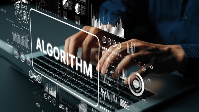 Hands of a person typing on a laptop showing digital elements and algorithms in a modern workspace environment. Asymptotic smart data analytic.