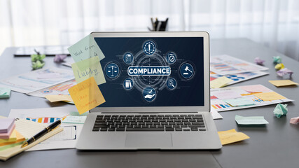 Sticky note for creative and analytic brainstorm for business idea with BI data dashboard on laptop screen. Analysis financial data visualization tech for marketing strategy. Prodigy